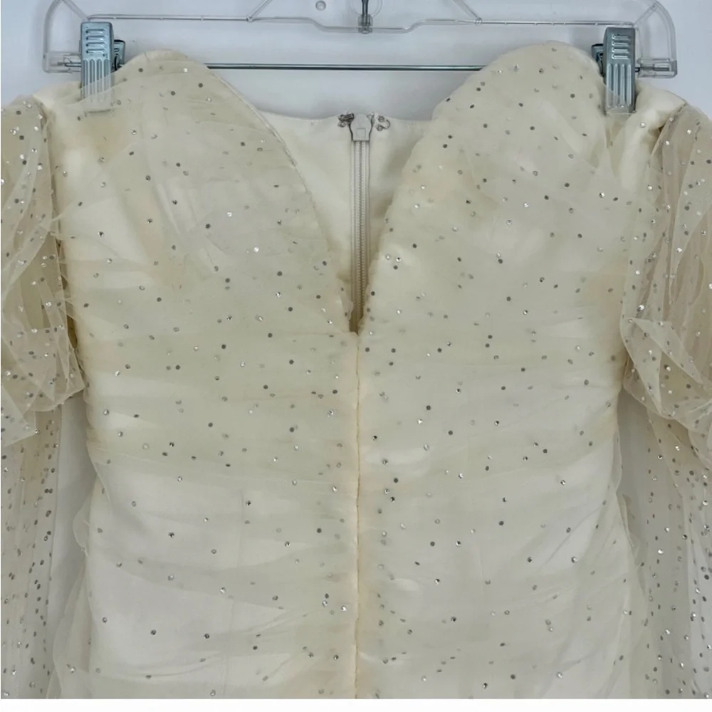 NWT House of CB Milana cream tulle mesh rhinestone puff sleeve mini ruched dress - Picture 5 of 7